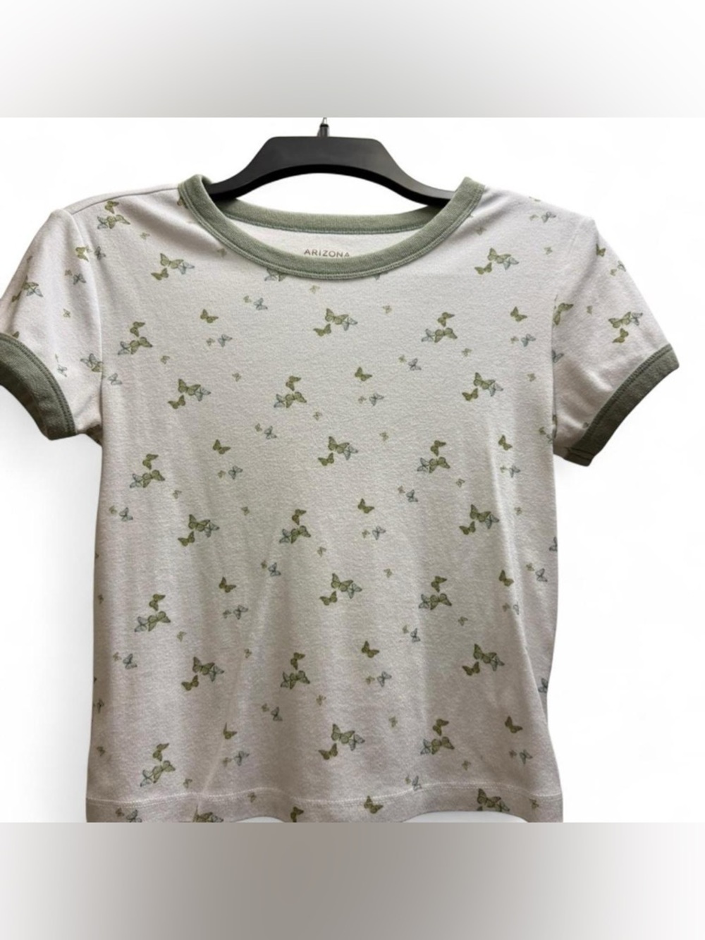 Arizona Jean Company White Short Sleeve Tee with Green Butterfly Print